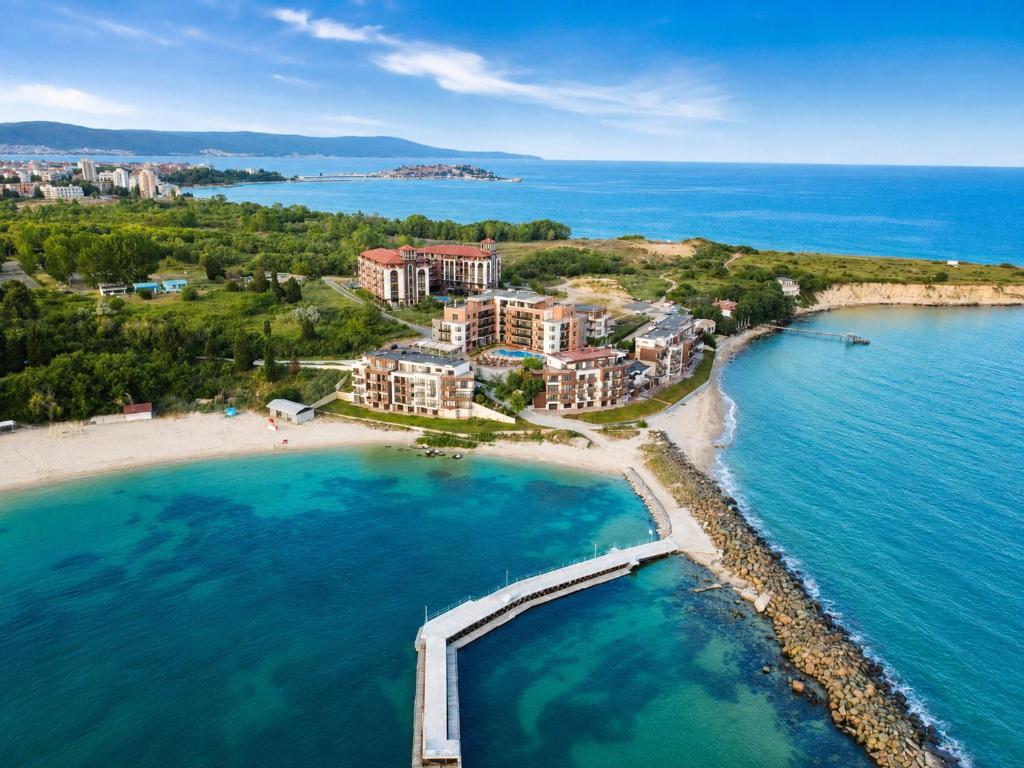 an aerial view of a resort on a beach at St. Panteleimon Beach Hotel in Nesebar