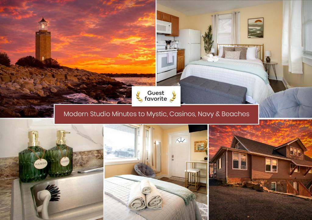 a collage of pictures of a hotel room with a lighthouse at Chic Groton Studio • A Cozy, Modern & Central Gem in Groton