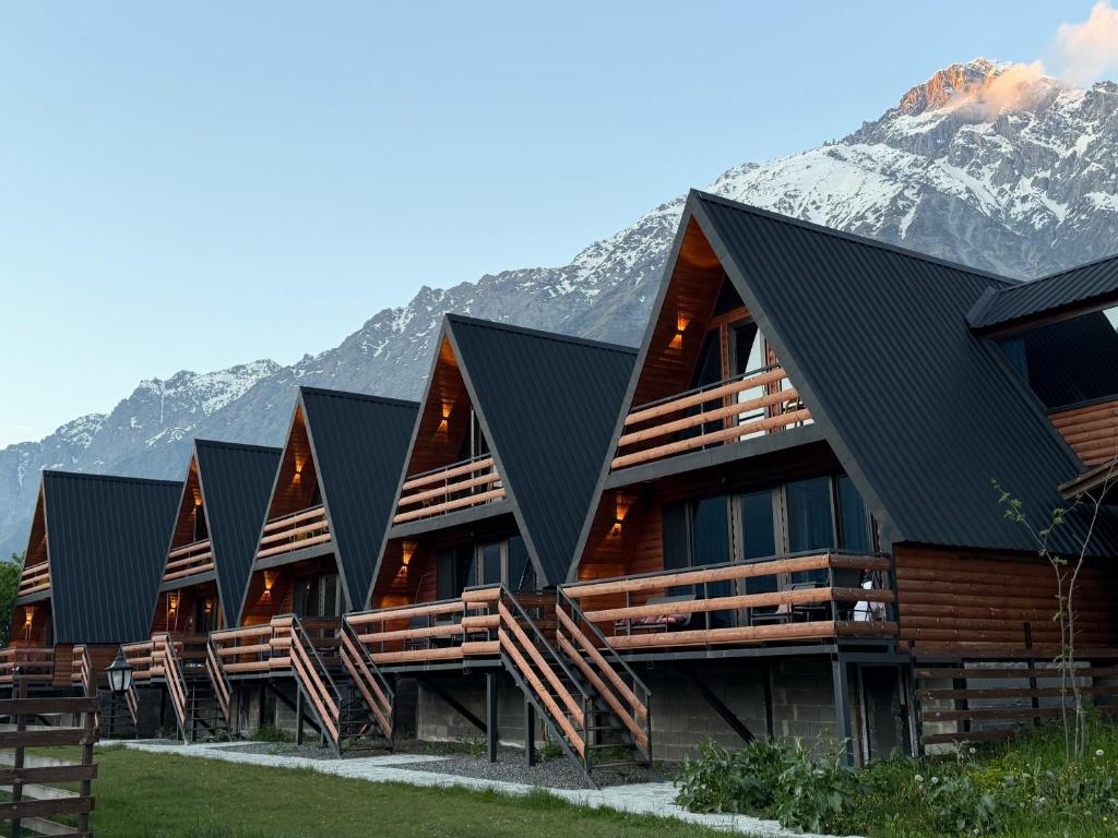 a row of houses with mountains in the background at Panorama Complex Kazbegi in Kazbegi