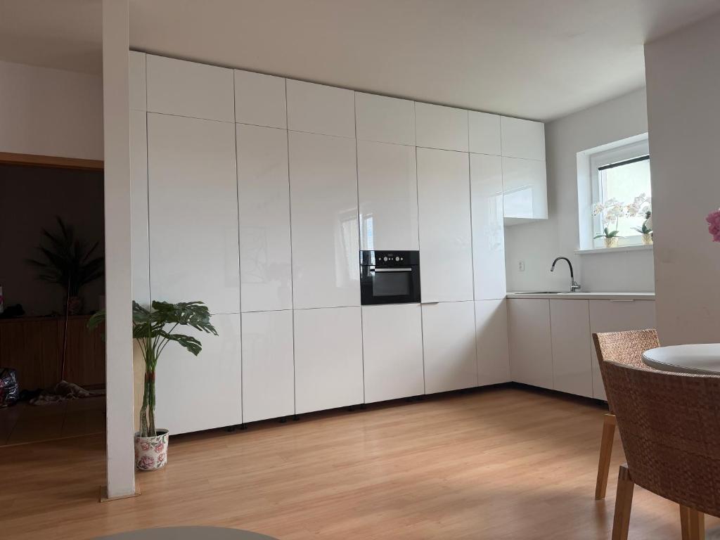 a kitchen with white cabinets with a microwave at Pilsen flat in Pilsen