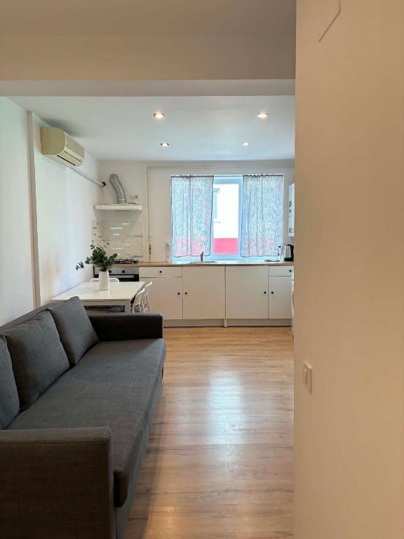 a living room with a couch and a kitchen at The Urban Nest apartament in Giurgiu