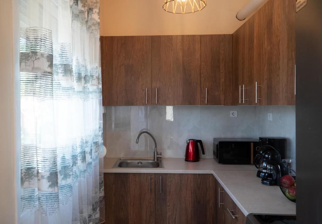 a kitchen with wooden cabinets and a sink and a window at Villa Trigona in Kalabaka