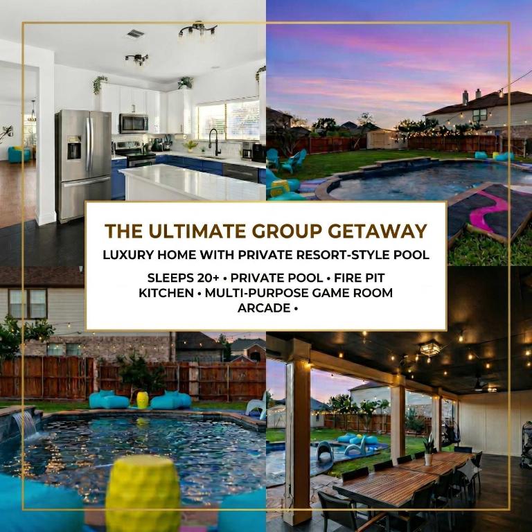 a collage of photos of a house with a swimming pool at Grand 6BR 3BA Pool Escape Round Rock in Round Rock