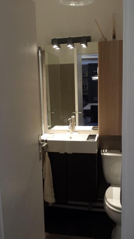 a bathroom with a sink and a toilet and a mirror at Aligre in Paris