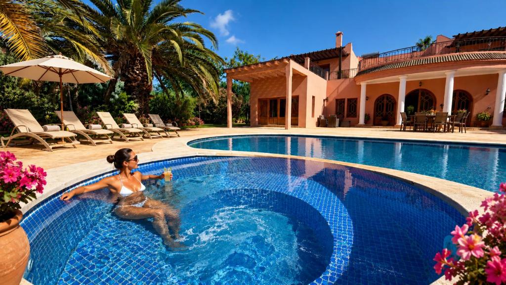 a woman is sitting in the water in a swimming pool at Villa Amazonika By La Siredrah in Segraga