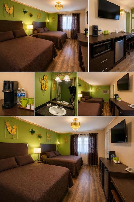 two pictures of a hotel room with two beds at Frontier Lodge in Lander
