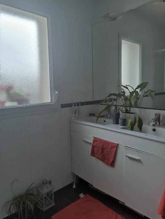 a bathroom with a sink and a mirror at maison Labenne in Labenne