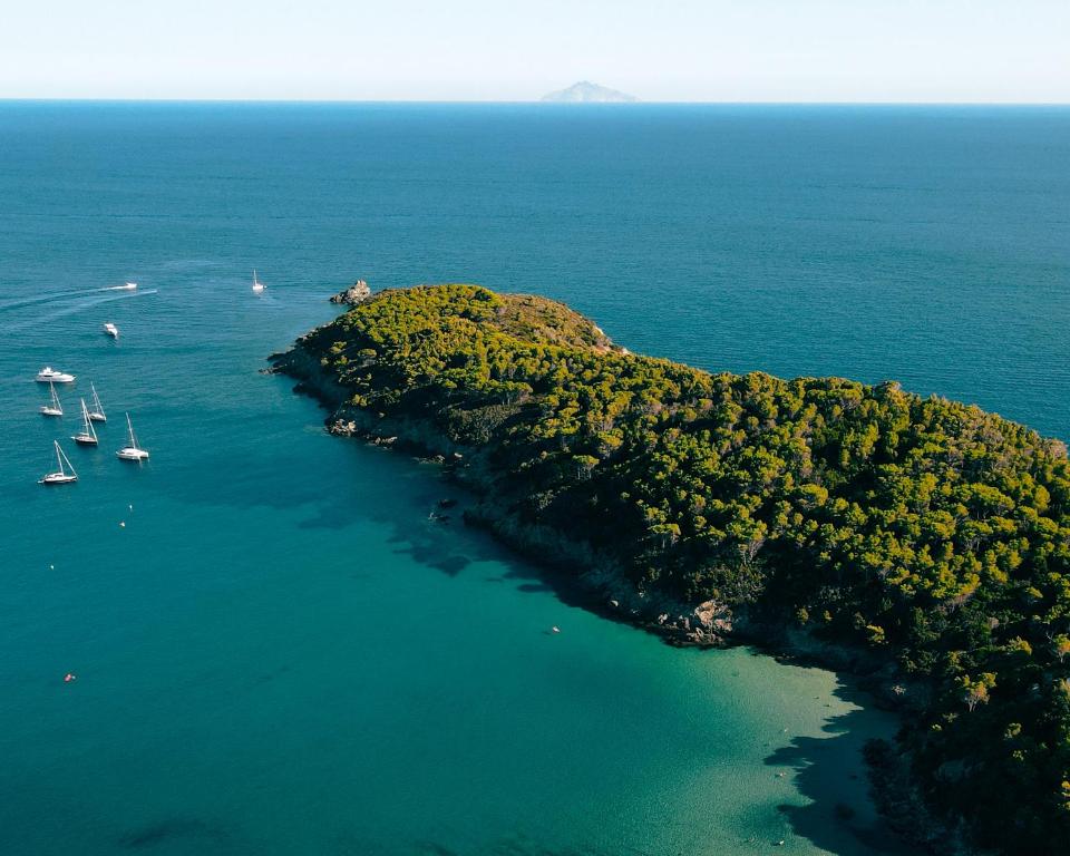 an island in the ocean with boats in the water at Hotel Alma in Campo nell'Elba
