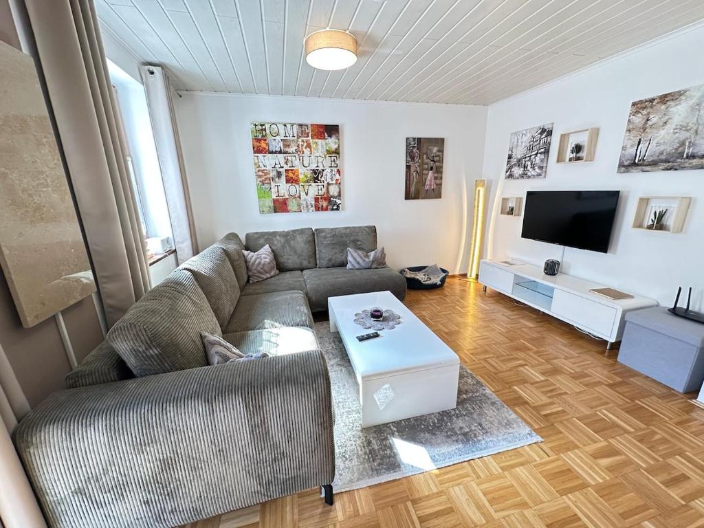 a living room with a couch and a tv at Ferienwohnung mit Terrasse - Hunde willkommen in Falkenstein