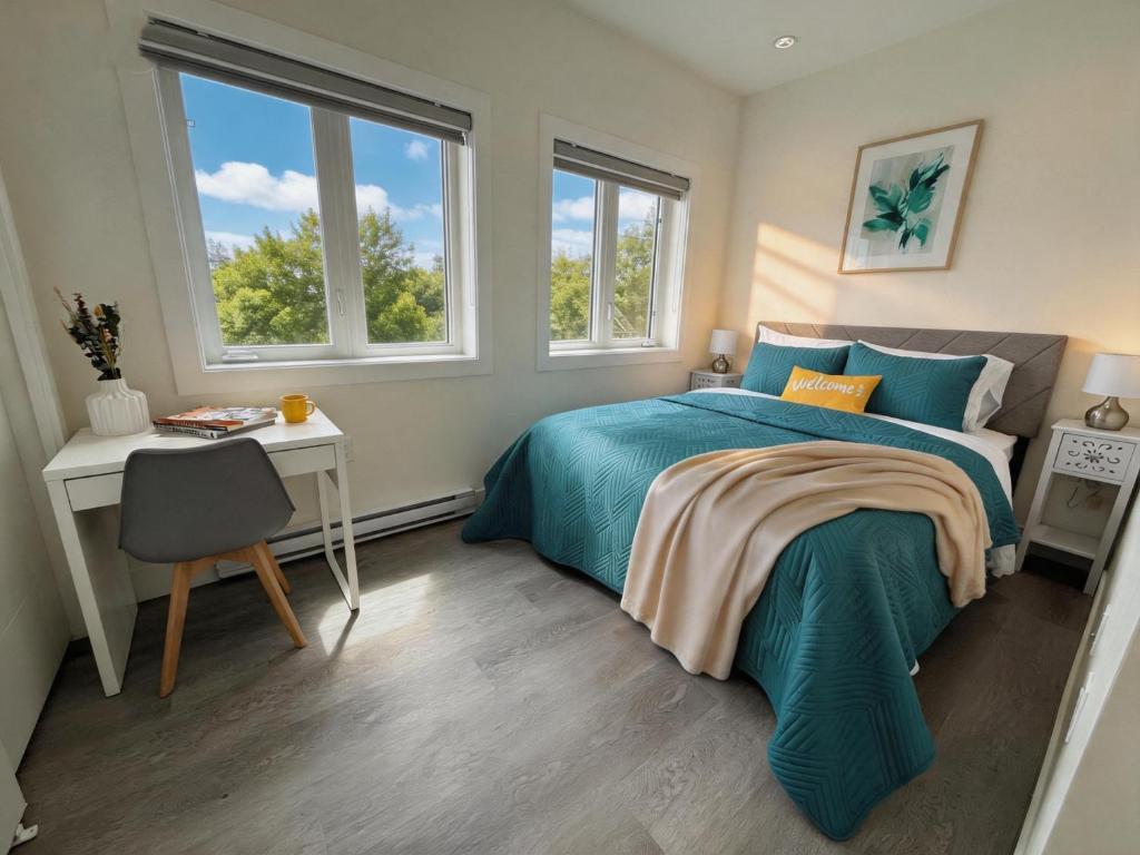 a bedroom with a bed and a desk and two windows at Vancouver Mandy Laneway Home in Vancouver