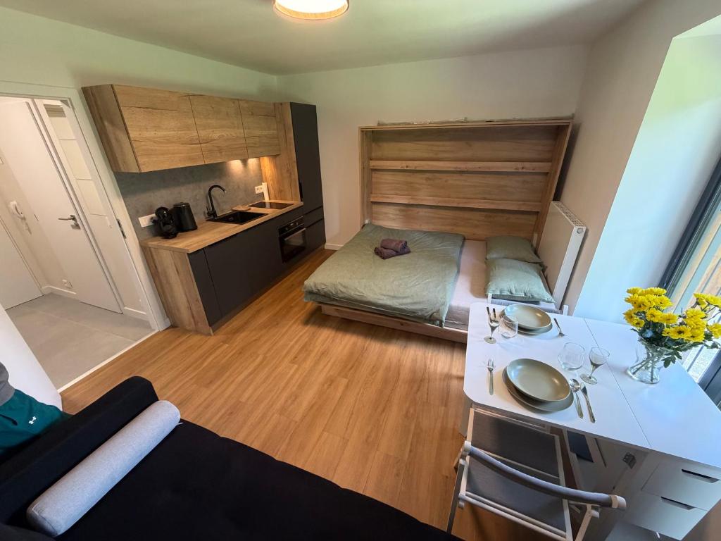 a small room with a bed and a kitchen at AVA apartmán Javorná na Šumavě in Čachrov