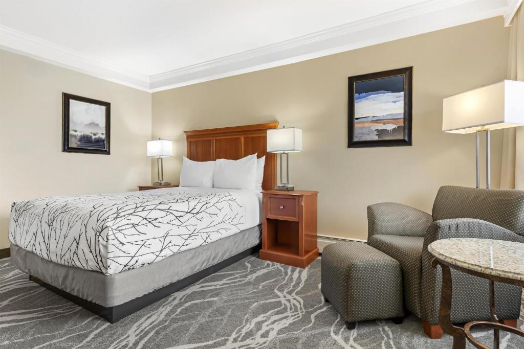 a hotel room with a bed and two chairs at Best Western Plus Silver Saddle Inn in Estes Park