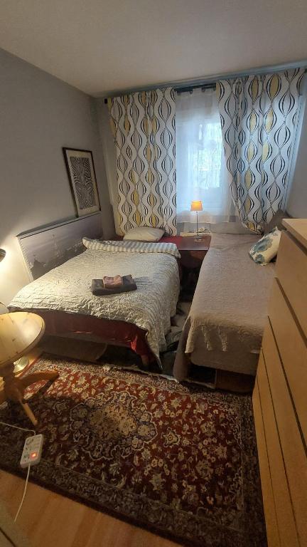 a bedroom with two beds and a window and a rug at Cosy room in Oslo