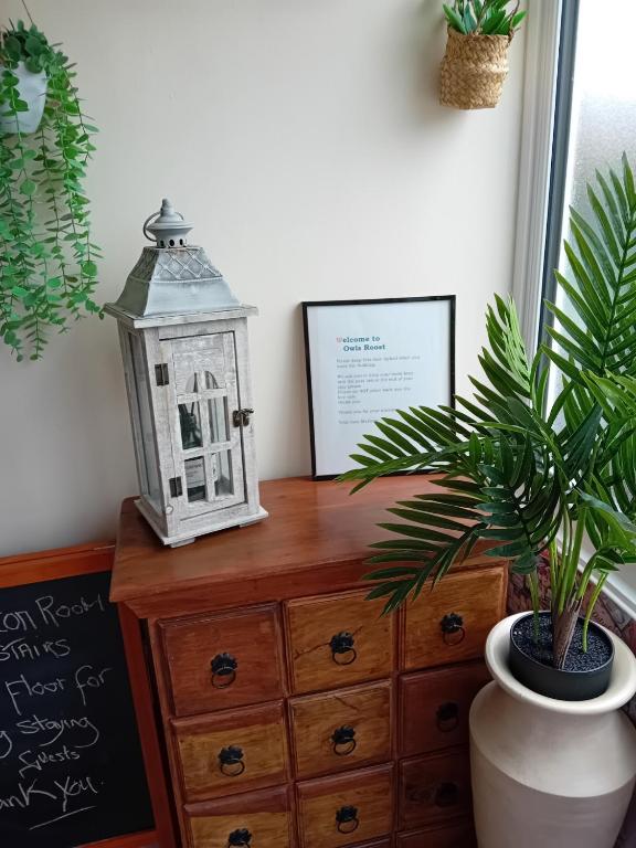 a dresser with a lantern and a plant on it at Owls Roost in Stowmarket