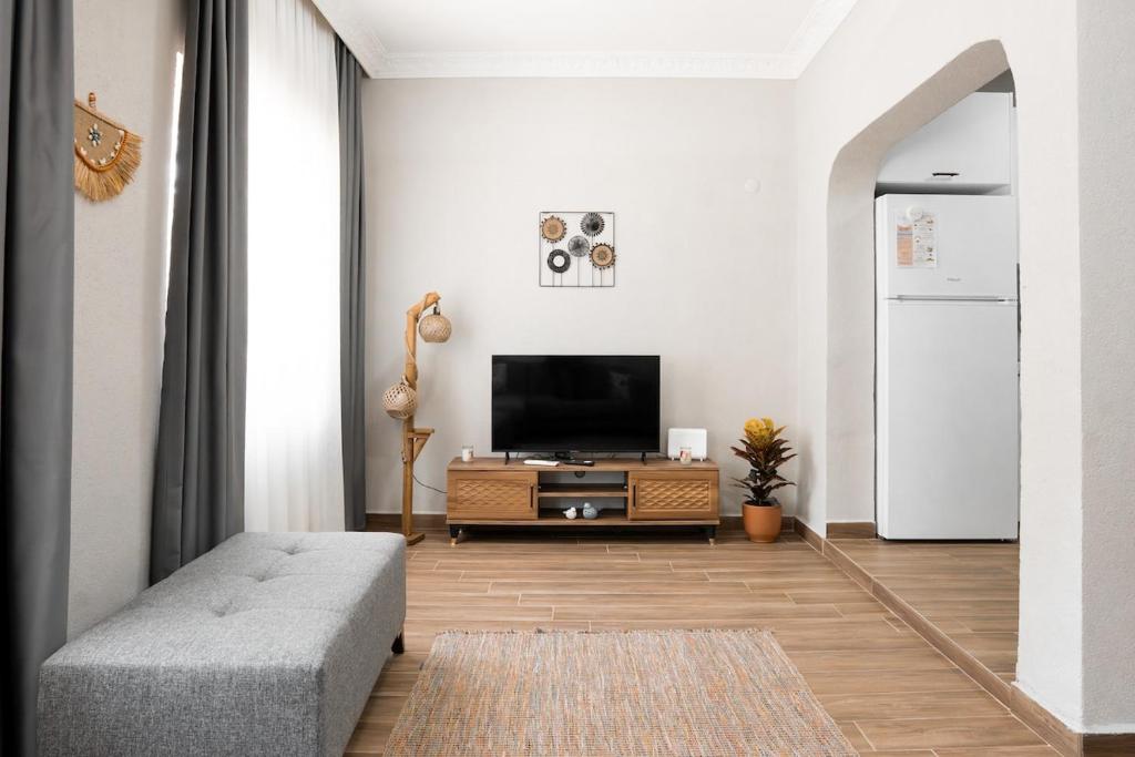 a living room with a tv and a couch at Defne House Urla in Urla