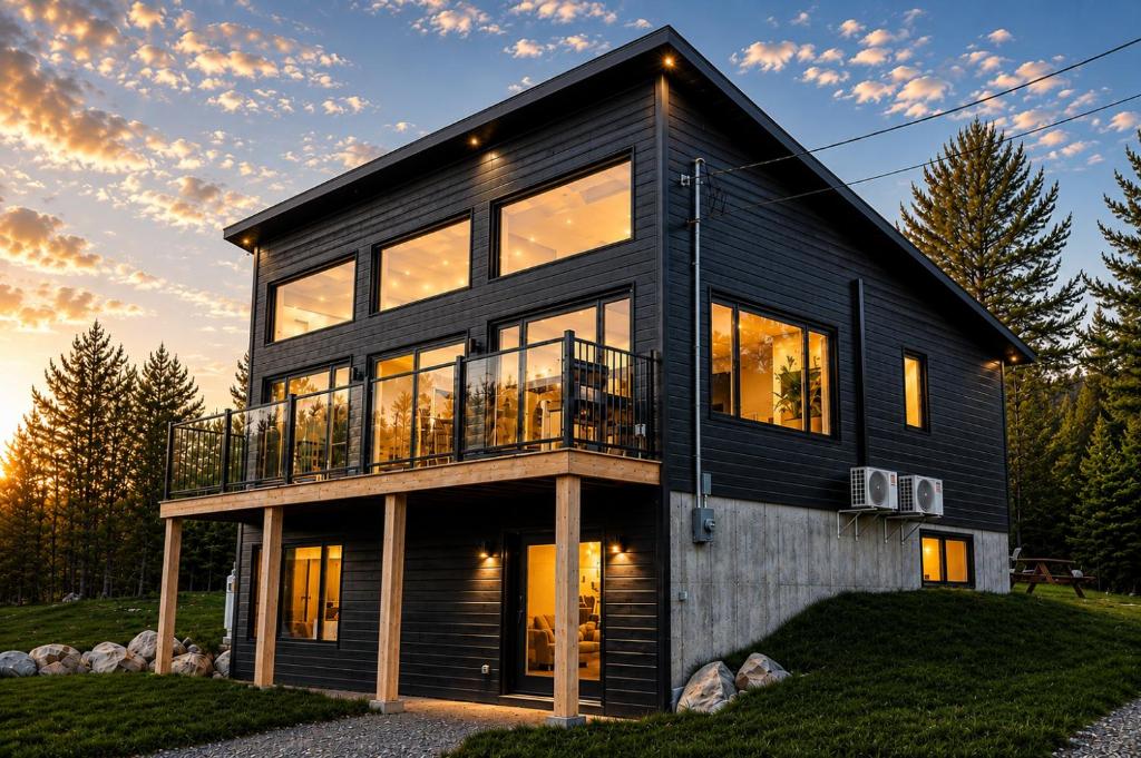 a black house with a lot of windows at Chalet Mysa Spa Lac access Firepit pit SKI in Saint Come