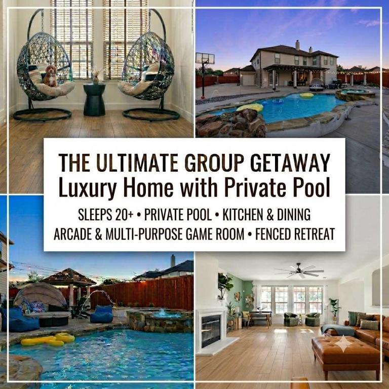 a collage of four pictures of aurymite group giveaway luxury home with private at Large Groups' Luxury House - Pool - Sleep 22 in Round Rock