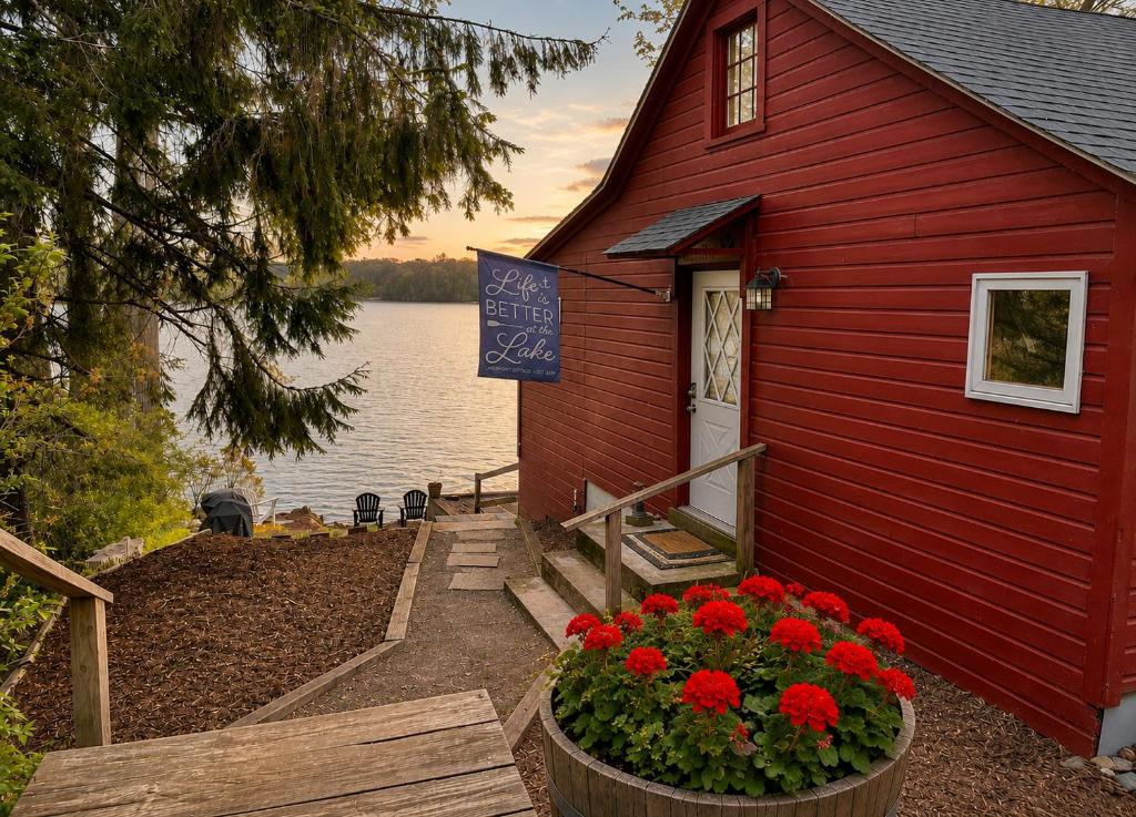 a red building with flowers in front of it at Lakefront Glamping Cottage- Fishing-Swimming-Boating in Watertown