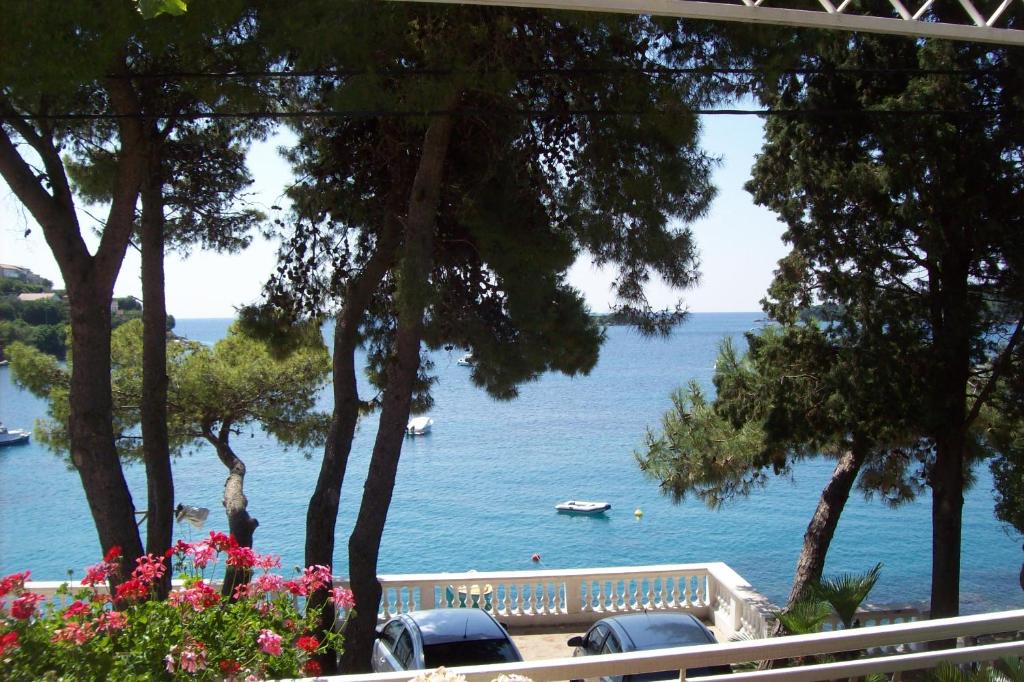 a view of the water from a house with trees and flowers at Captain's villa in Molunat