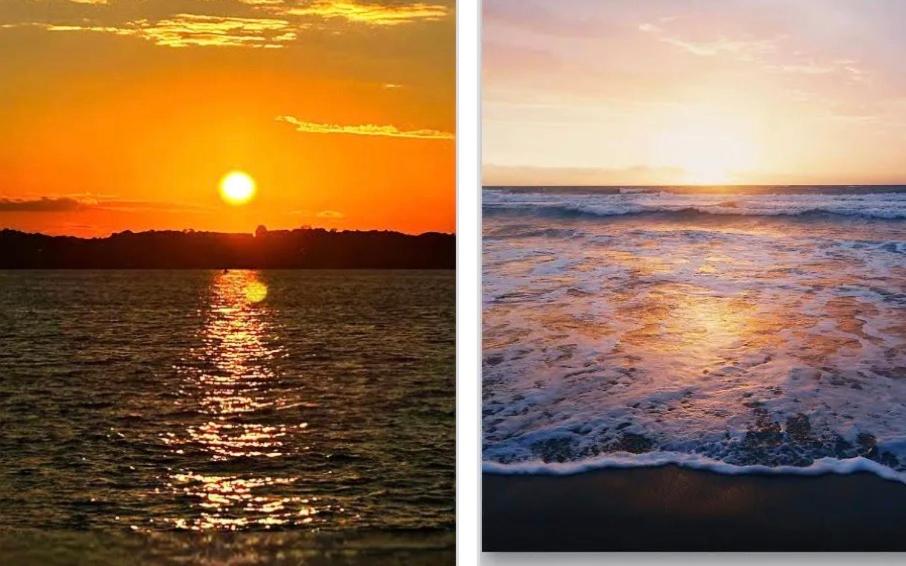 two pictures of the sun setting over the ocean at Studio sunshine in St. Petersburg