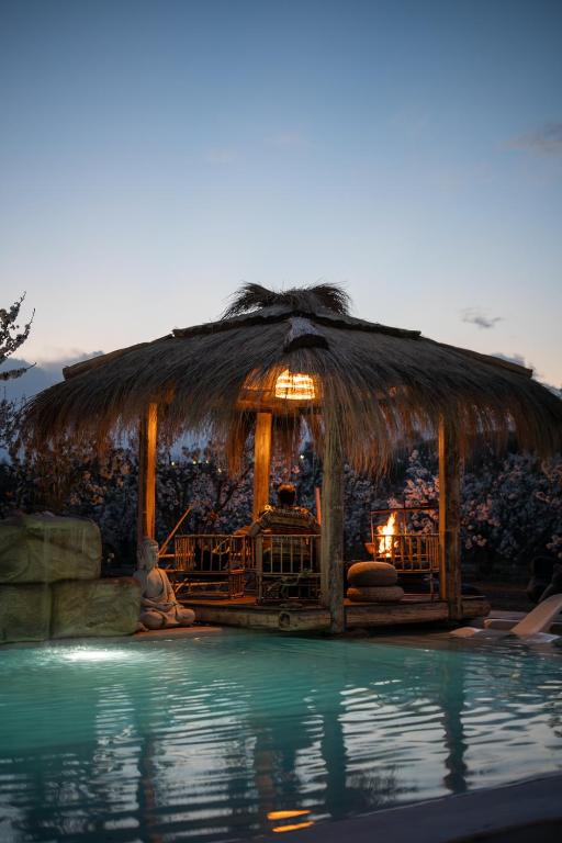a hut with a swimming pool in front of the water at Bali Andino Experience in Ciudad Lujan de Cuyo