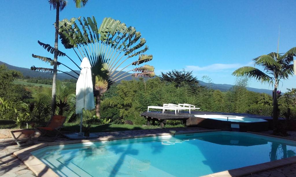 a swimming pool with a table and a bench and palm trees at Gîtes KUMQUAT in Petit-Bourg