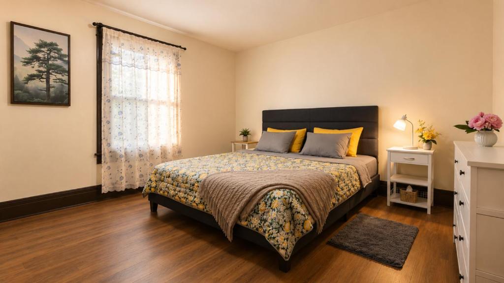 a bedroom with a bed and a window at Charming 3 Bdr Home 8 mins from the Falls in Niagara Falls