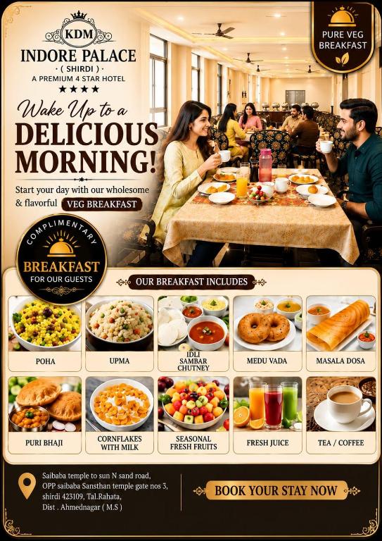 a flyer for a restaurant with a picture of food at KDM Hotel Indore Palace- Newly Renovated 4 Star Premium Hotel in Shirdi