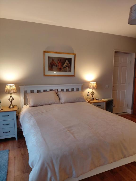 a bedroom with a large white bed with two night stands at Turnpike Mews in Birr
