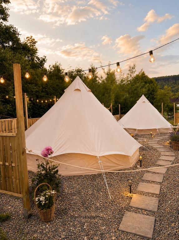 two white tents are set up in a yard at Glamping Tisá in Tisá