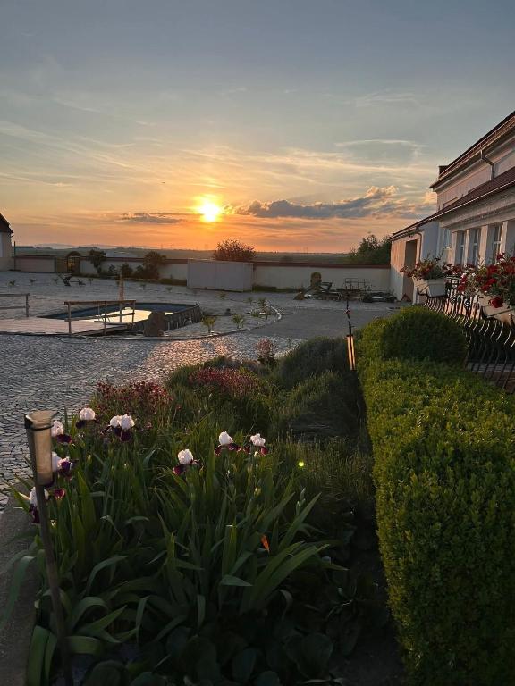 a sunset over a garden with flowers in a yard at Gut Sonnenhof in Žatec