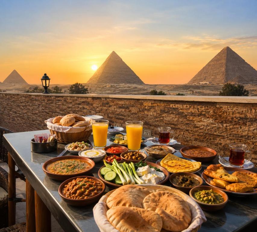 a table full of food with pyramids in the background at Oyal Scarab Pyramids View in Cairo