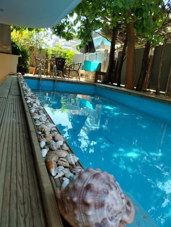 a swimming pool with a sea shell in the water at Studio47 in Athens