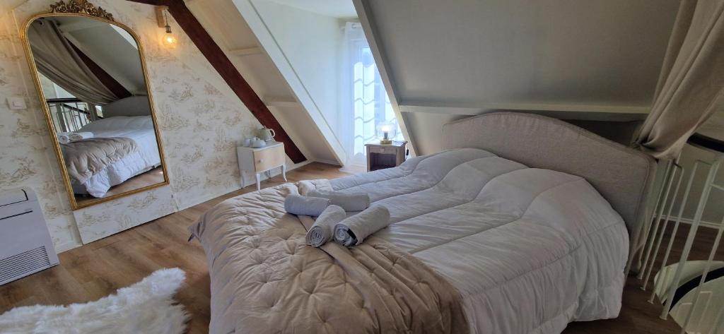 a bed in a bedroom with a large mirror at La Romantique du Château in Gaillan-en-Médoc
