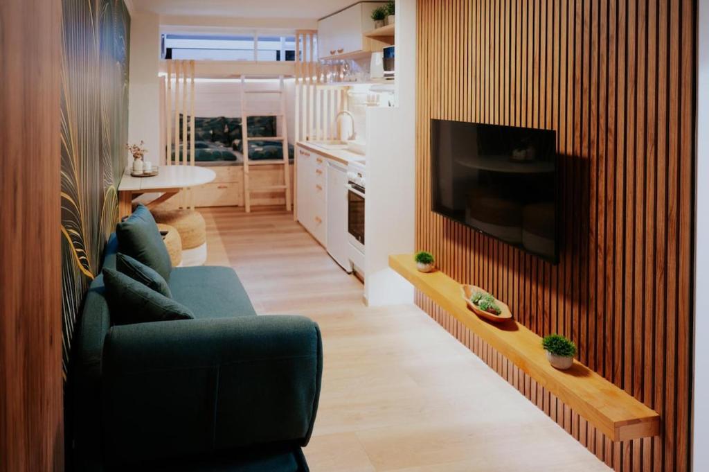 a living room with a couch and a television on a wall at Apartment Slupečná Lipno in Kramolín