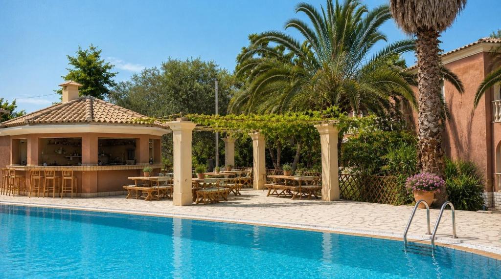 a resort with a swimming pool and a restaurant at Studio Gouvia Kitchenette Pool 5 in Gouvia