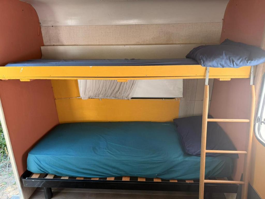 a bunk bed in a small room with a blue bed at Vita Da Pacos in Novilara
