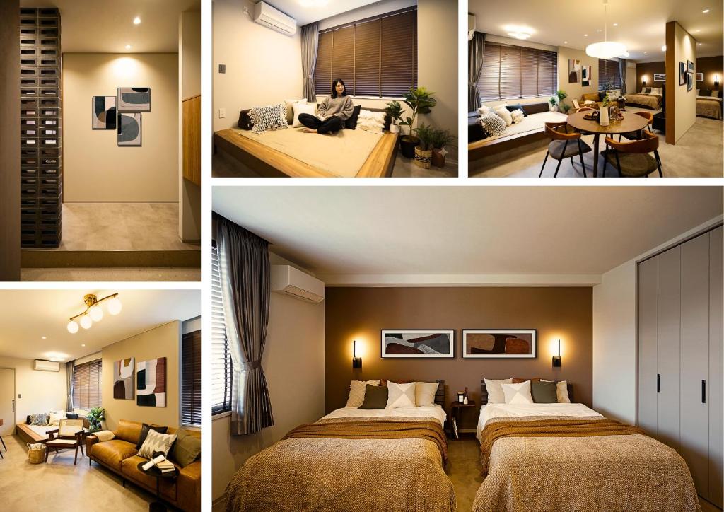 a room with two beds and a living room at GIVE Meidaimae in Tokyo