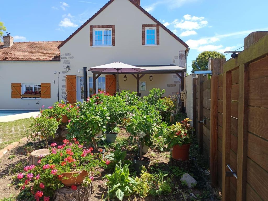 a garden in front of a house with flowers at Maison du Cosmos in Thorigny-sur-Oreuse