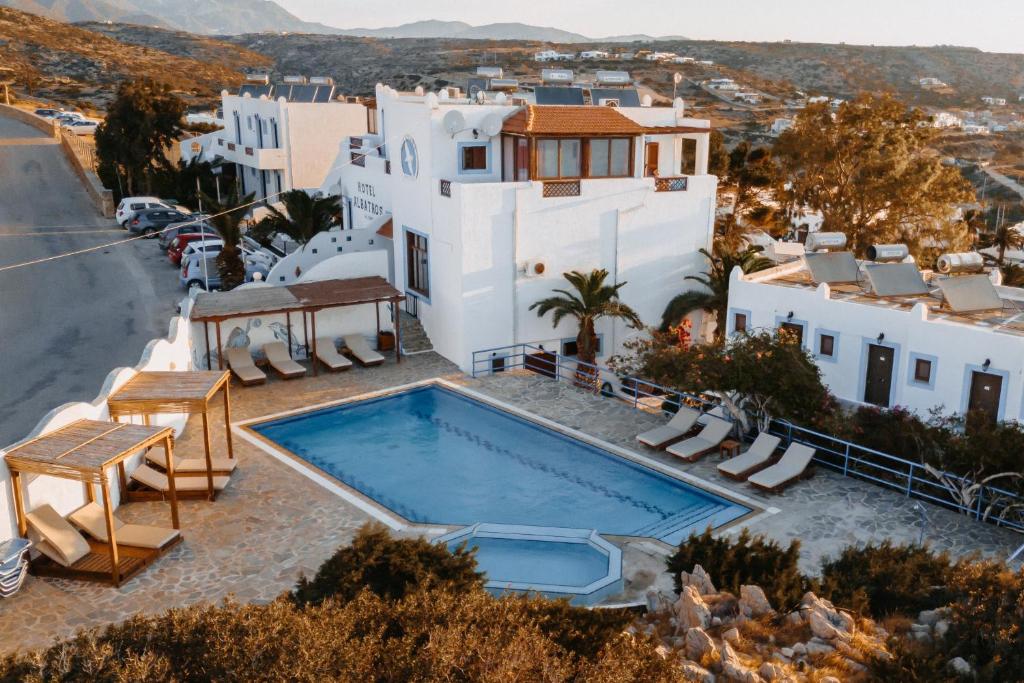an aerial view of a villa with a swimming pool at Hotel Albatros in Karpathos