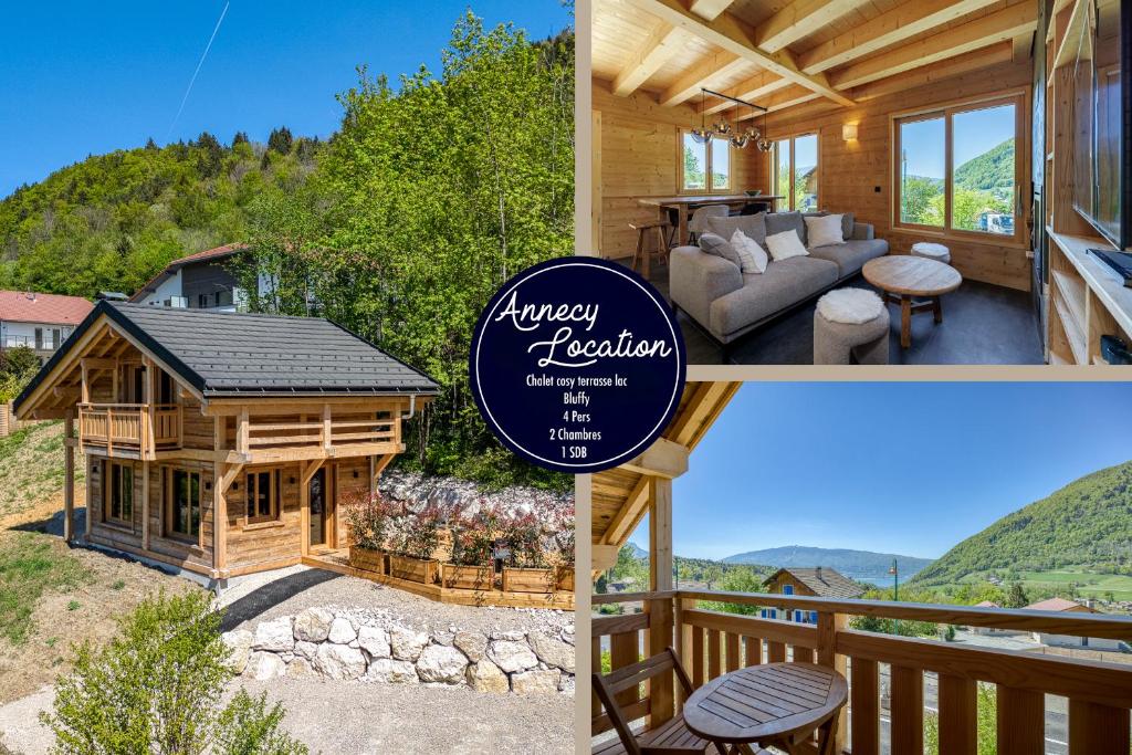 a collage of pictures of a log cabin at Cozy Chalet with Terrace Peaceful Nature Views in Bluffy