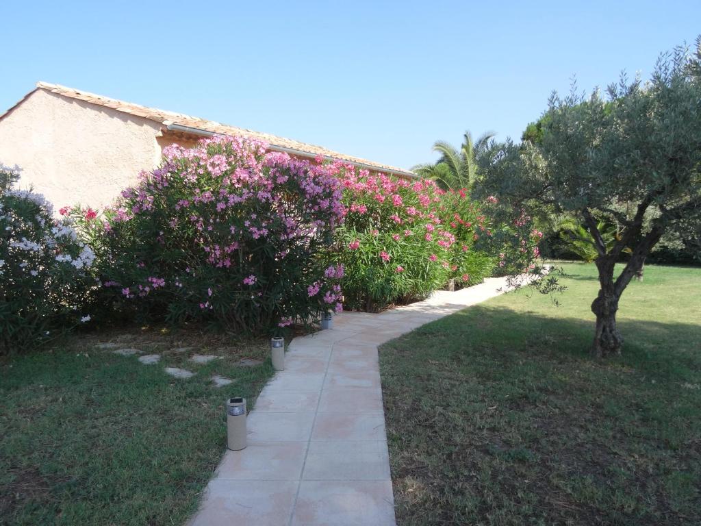 un chemin menant à une maison avec des fleurs roses dans l'établissement Chambres d'hôtes Villa Alizé, à Grimaud