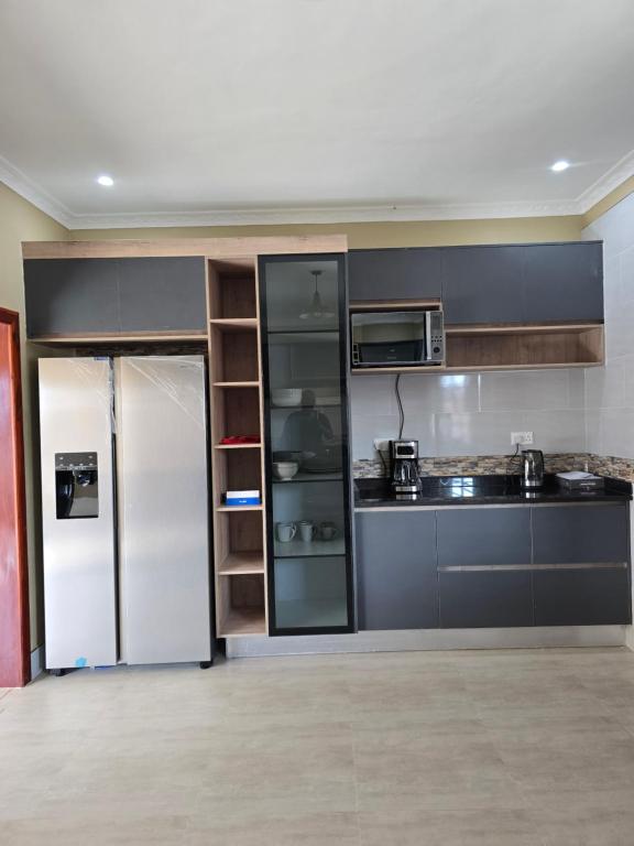 a kitchen with a refrigerator and a microwave at Ednomis Apartment in Mazabuka