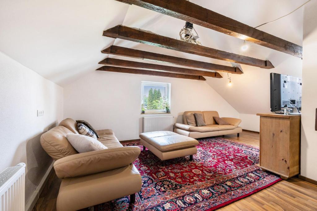 a living room with two couches and a tv at Loft in Augsburg
