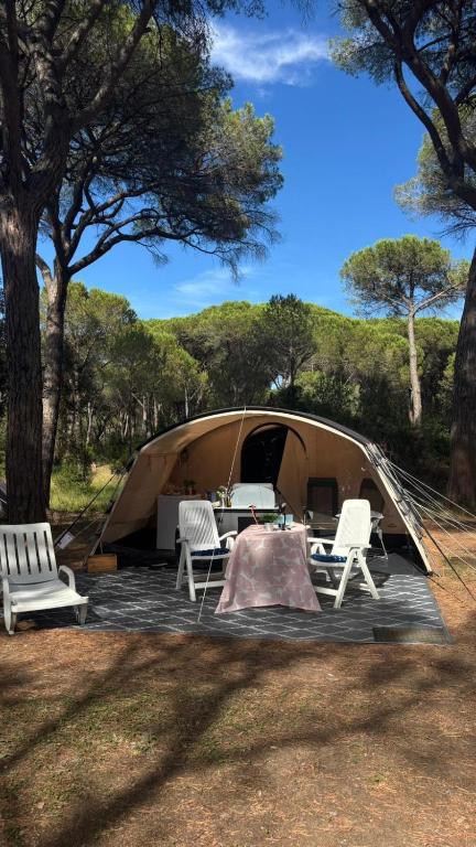 a tent with chairs and a table in front of it at Bella Tents - Camping Vibes in Marina di Grosseto