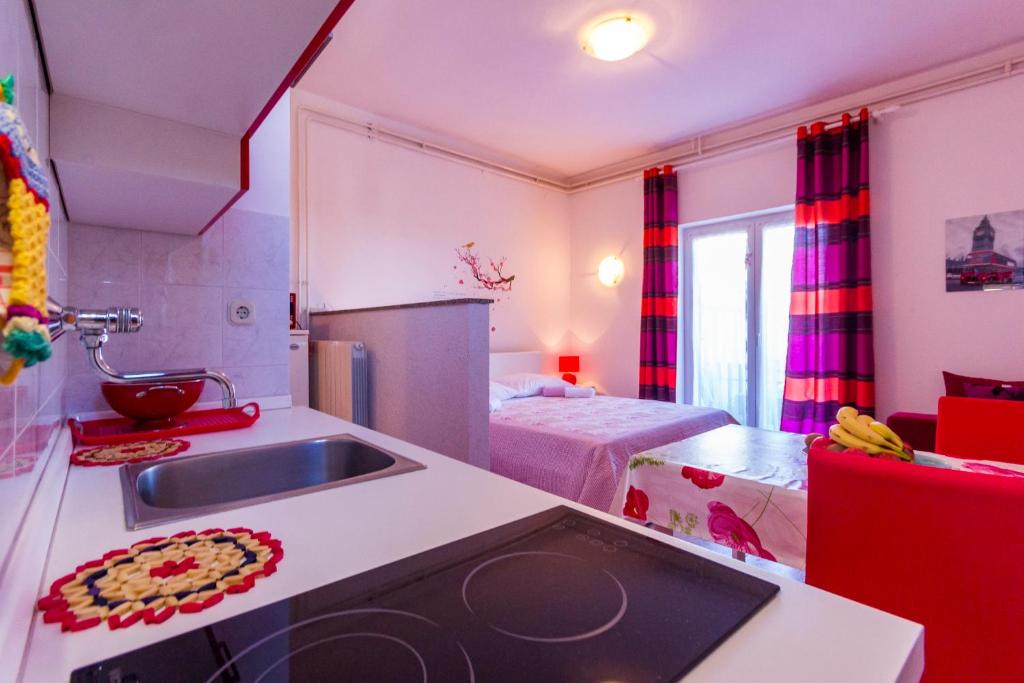 eine Küche mit Spüle mit Pizza auf der Theke in der Unterkunft Apartment Lori in Fažana
