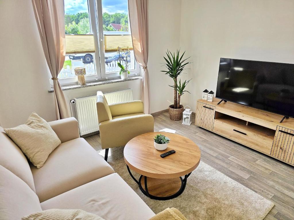 a living room with a couch and a tv and a table at Nicos Ferienwohnung in Grevesmühlen - ABC628 in Grevesmühlen