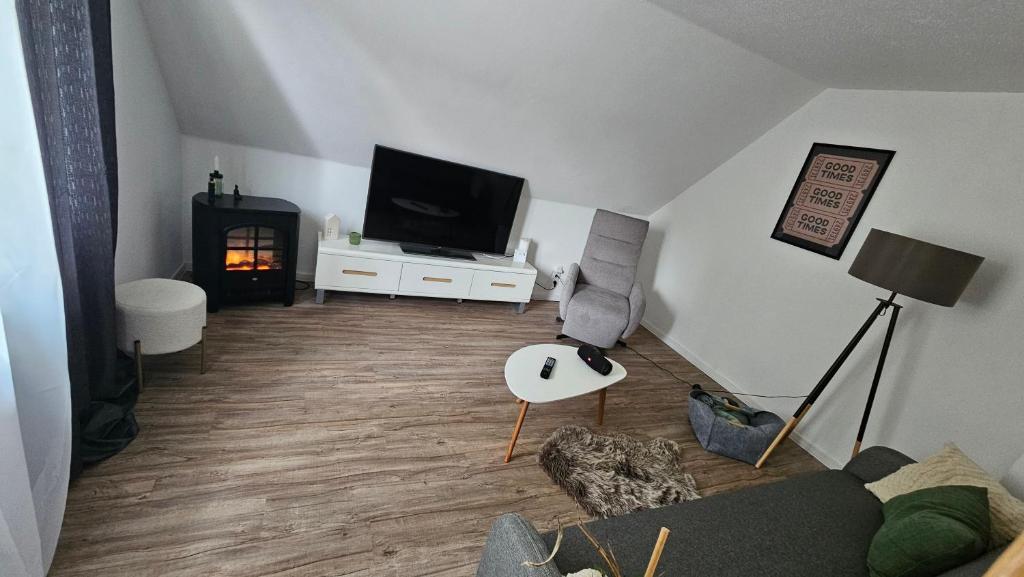 a living room with a couch and a tv and a fireplace at Ferienwohnungen Walsrode in Walsrode