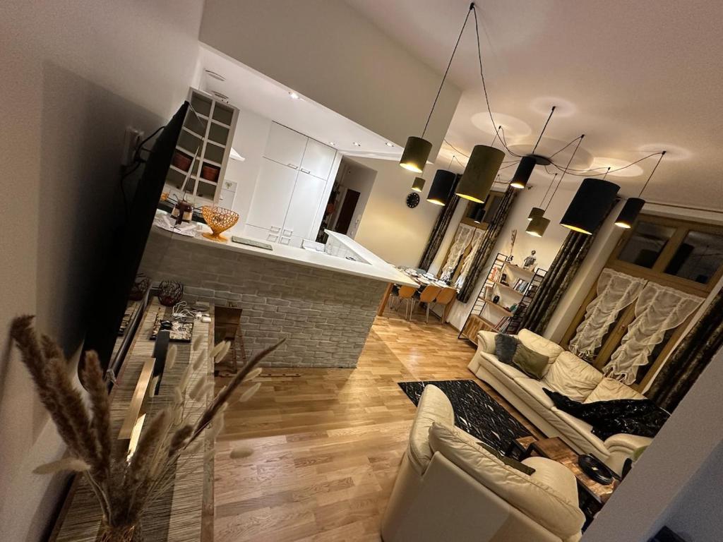 a living room with a couch and a fireplace at Central Golden Apartment in Nowy Sącz