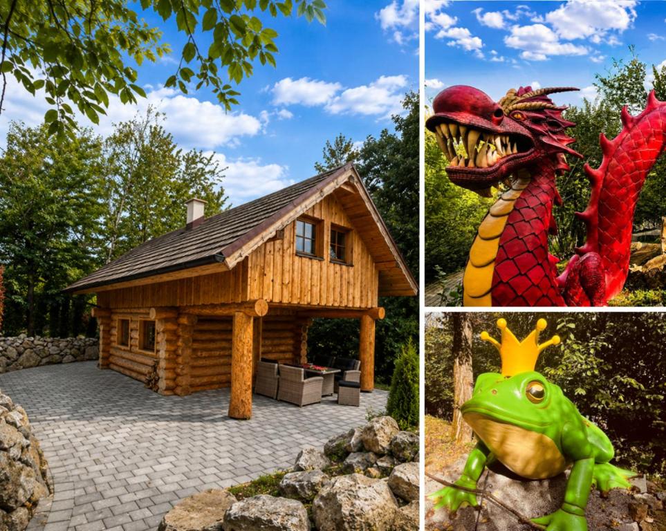 a house with a dragon in front of it at Zrub u Pongrácza v Panoráma Parku in Nezbudská Lúčka